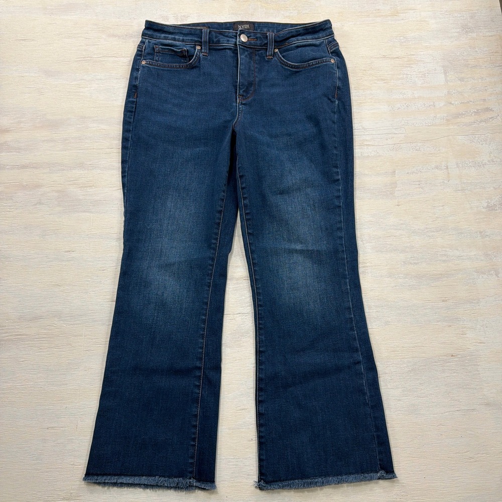 NYDJ Jeans Barbara Bootcut Size 8 Raw Hem Frayed Blue Denim Womens